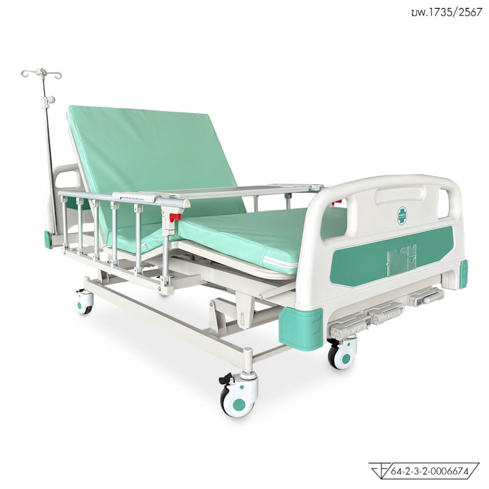 เตียงผู้ป่วย 3 ไกร์ PHENOMA แบบหมุนมือ พร้อมเบาะหนังและราวสไลด์ ปรับระดับได้ มีล้อเข็น มาตรฐานโรงพยาบาล_9